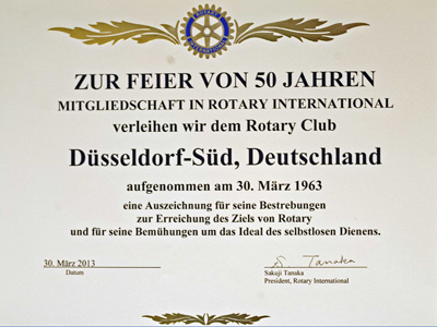Rotary Düsseldorf-Süd - Urkunde 50 Jahre